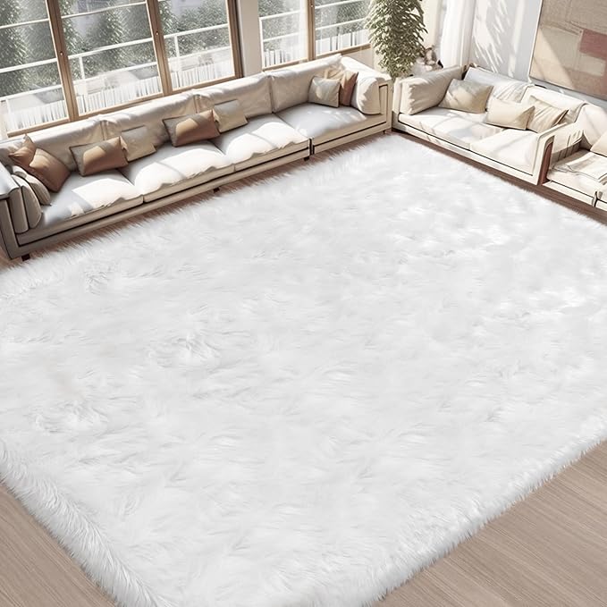 Ciicool Faux Fur Rug 6 x 9 Feet, Fluffy Shaggy Carpet, White Faux Fur Sheepskin Rugs for Living Room, Fuzzy Washable Rugs for Bedroom, Playroom, Decor, Luxury Room Decor, Rectangle