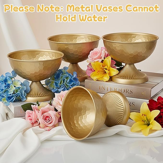 4 Pcs Gold Vases for Wedding Centerpieces, 5.9'' W x 7.3''H Gold Compote Bowl Vase Vintage Decorative Metal Vase Wedding Table Centerpieces Golds Flower Vases for Party Anniversary Reception Dinner