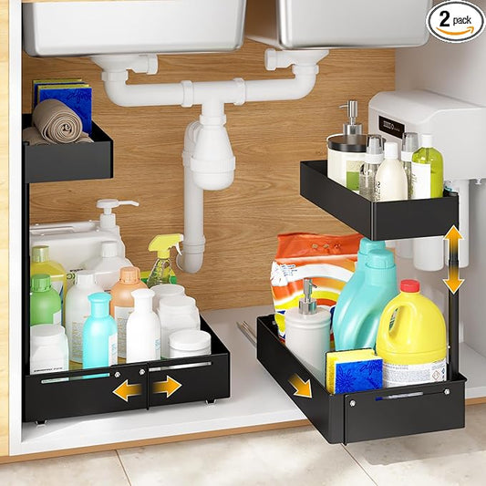 2Packs Under Sink Organizer with Adjustable Height and Width, Under Cabinet Organizer to Tidy, Sturdy Metal Design for Kitchen and Bathroom