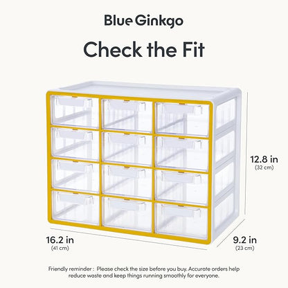Blue Ginkgo Large 12-Drawer Cabinet – Stackable Clear Organizer for Hardware, Beads, Plastic Bricks, Office, and Craft Storage (Made in Korea, Yellow)