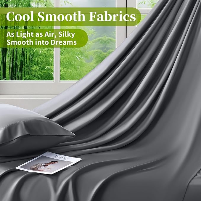 Shilucheng 100% Viscose Derived from Bamboo_ Sheets Full Size 4pcs - Ultra Cooling & Silky Soft Bed Sheets, 16" Deep Pocket, Perfect for Hot Sleepers, Hotel Bedding Sheets (Dark Grey)