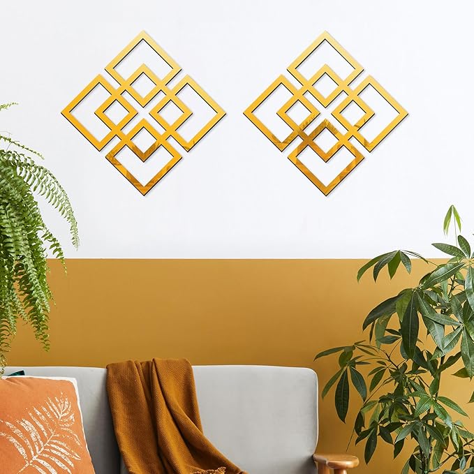 flangairy 2 Piece Gold Geometric Wall Mirrors, 11.8 Inch Wooden Frame Acrylic Mirror Decor for Bathroom Bedroom Living Room Modern Farmhouse Home Decorations