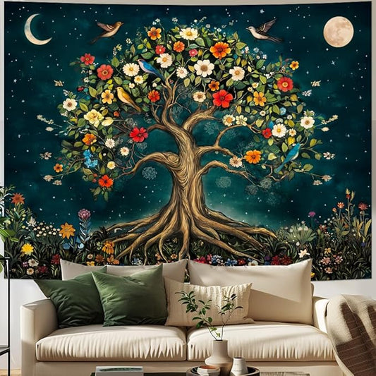 Amtoodopin Tree of Life Tapestry Mystic Boho Flowers Tapestry Vintage Aesthetic Tree Wall Tapestries Retro Nature Floral Plants Tapestries Wall Hanging for Bedroom