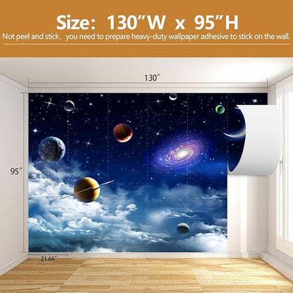 Galaxy Planet Wallpaper Blue Sky Stars Moon Ceiling Wall Mural for Living Room Bedroom（Not Peel and Stick）