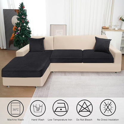 Sectional Couch Covers for 3-Piece Seat Cushion Velvet Separate L Shape Couch Cover Stretch Sofa Slipcover with 2 Pieces Pillowcases Furniture Protector (Sofa 2 Seater + 1 Chaise, Black)