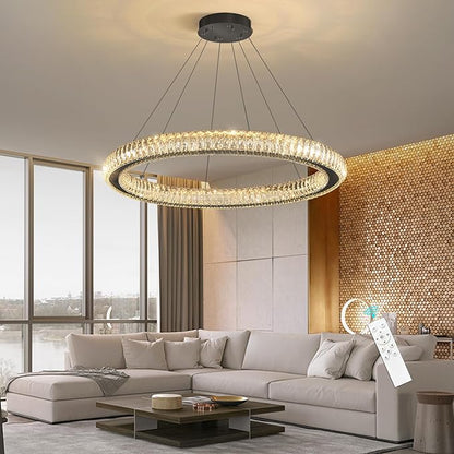 Modern Ring Chandelier LED Dimmable Living Room Chanderliers Entryway High Ceiling Crystal Ring Pendant Lights for Dining Room Bedroom Black Interior Light