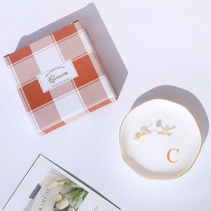 Ceramic Jewelry Tray Initial Ring Dish Personalized C-Monogrammed Engagement Wedding Gifts, for Birthday Mother's Day Christmas for Women, Ceramic White 4.75" (C)