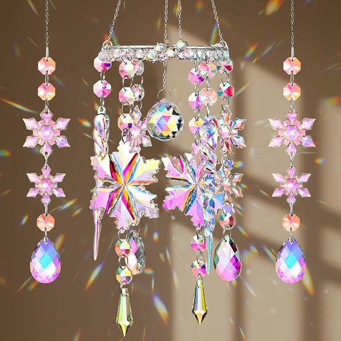 Suncalla 3 Pcs Winter Snowflake Suncatchers Winter Crystal Sun Catchers Snow Flake Hanging Suncatcher Wind Chime with Chain Rainbow Indoor Outdoor Window Christmas Decor