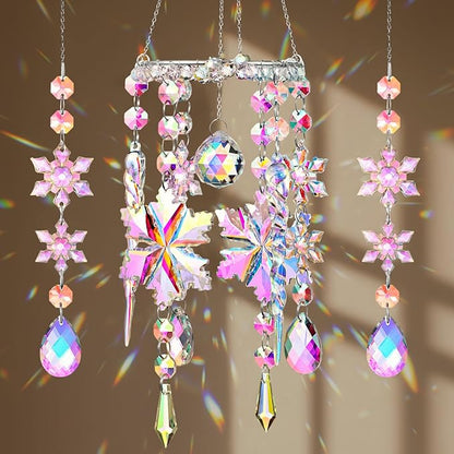 Suncalla 3 Pcs Winter Snowflake Suncatchers Winter Crystal Sun Catchers Snow Flake Hanging Suncatcher Wind Chime with Chain Rainbow Indoor Outdoor Window Christmas Decor