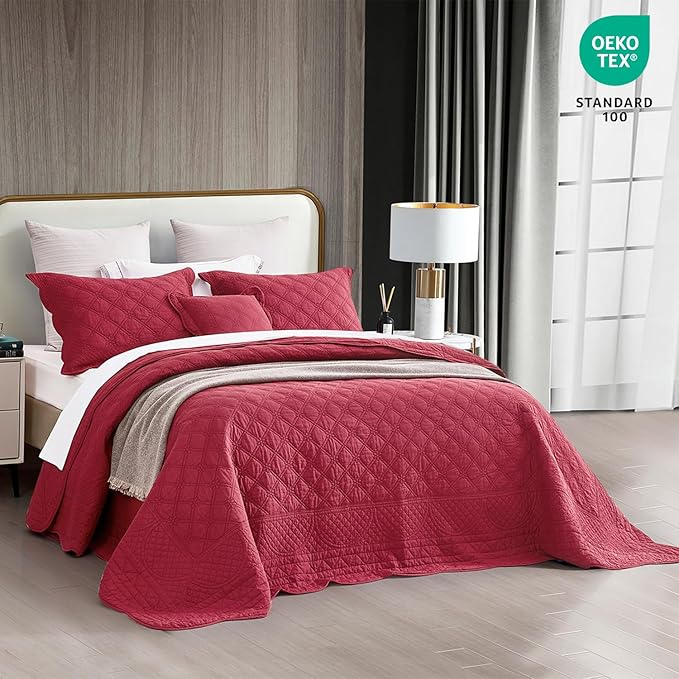 CHIXIN Oversized Cotton Bedspread King Size - Real Stitching - Luxury Quilted Bedding Cover for All Season, Reversible, Ultra Soft, Lightweight, 3 Piece, Burgundy