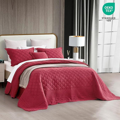 CHIXIN Oversized Cotton Bedspread Queen Size - Real Stitching - Luxury Quilted Bedding Cover for All Season, Reversible, Ultra Soft, Lightweight, 3 Piece, Burgundy