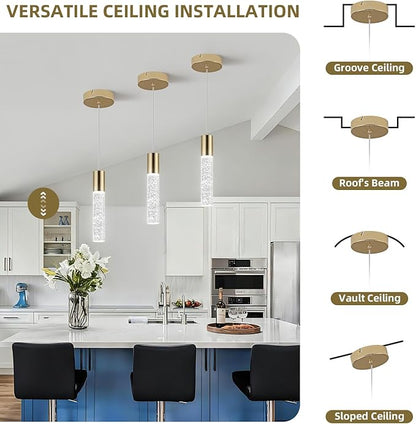 OKELI Modern Pendant Light, LED Bubble Crystal Kitchen Island Lights Fixtures,Mini Single Island Lights Pendant Lighting for Kitchen Island,Bar,6W,6000K,Gold