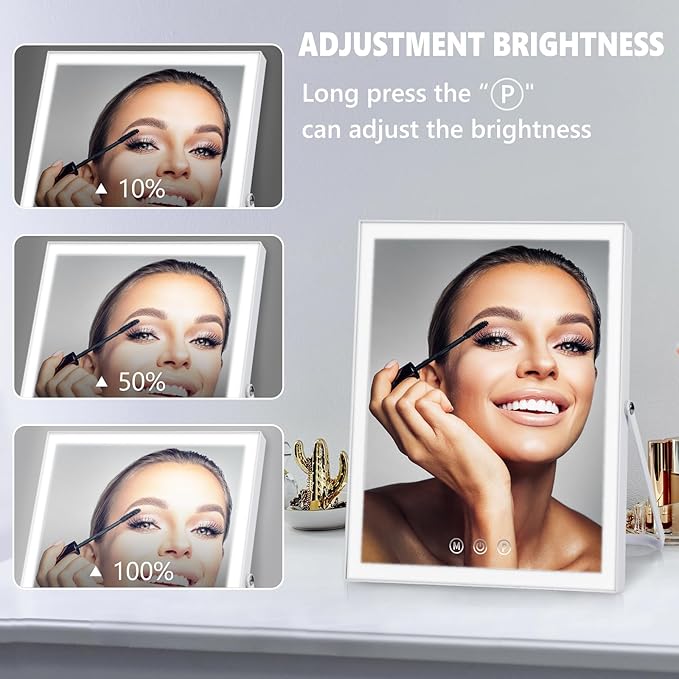 Vanity Mirror with Lights,10"x12" Lighted Makeup Mirror with 3 Color Modes, 360° Rotation Desk Mirror, Dual Power Supply, Smart Touch Control (White),Valentine's Day Gift for Her