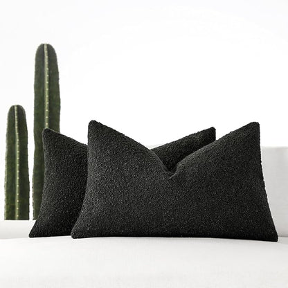 Boucle Decorative Lumbar Pillow Covers for Couch Set of 2, 12x20 inches, Black
