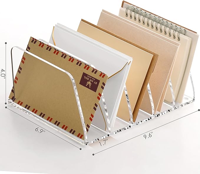 SANRUI Acrylic Mail Organizer, Clear Desk Organizer with 5 Vertical Slots, Upright Binder Divide for Notebooks, Mails, Books, Office Supplies Small File Holder for Home Office School