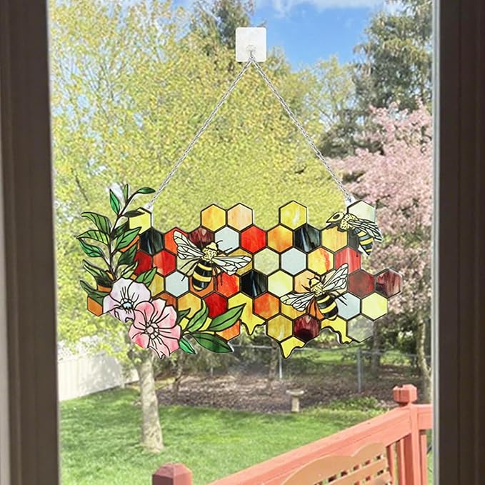 Stained Glass Suncatchers for Windows, Enlarged Stained Glass Window Hanging with Metal Chain, Garden Suncatchers for Home Decor, Garden, Patio, Gift for Nature and Bee Lovers