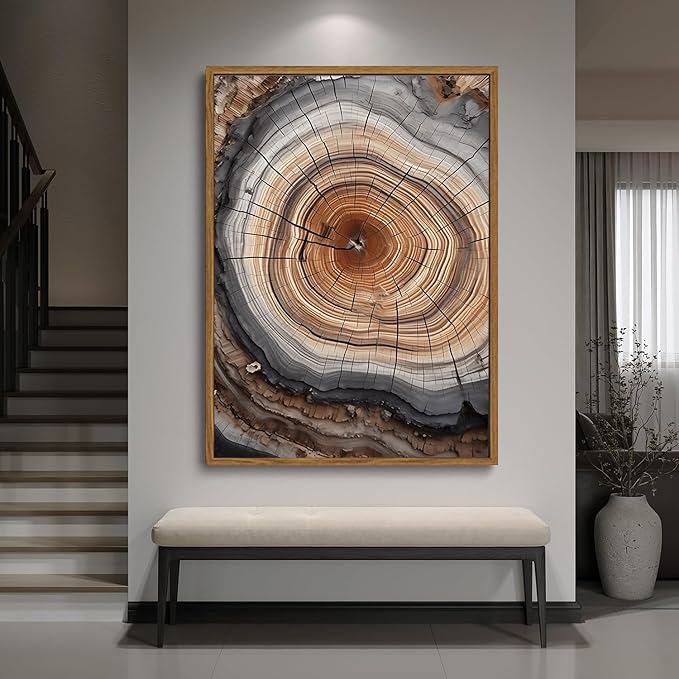 IBHJSART Framed Tree Ring Canvas Wall Art Vintage Colorful Wood Stump Painting Prints Modern Minimalist Pictures Neutral Nature Rustic Farmhouse Decor Living Room Bedroom Bathroom Office