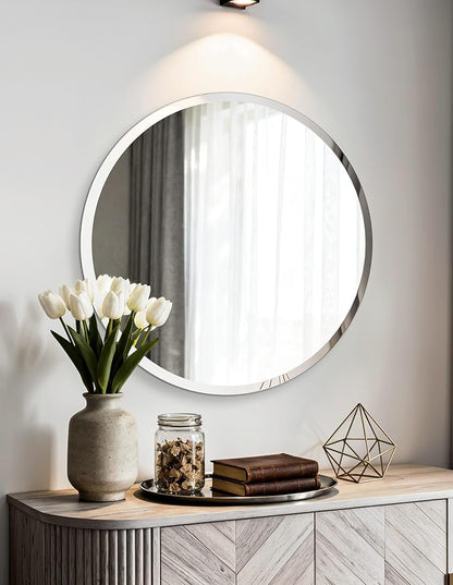 Frameless Round Wall Mirror: Decorative Mirrored Glass Vanity with Beveled Silver Edge for Bathroom Bedroom Livingroom Dining Room Entryway Hallway, 28 x 28 inch