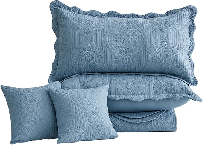 HZ & HY Oversized King Bedspread 138x122 Extra Wide, Ultrasonic Coverlet Bedding Set, Lightweight Thin Comforter, Reversible, 5 Piece, 100% Microfiber, California/Alaskan King, Ashley Blue
