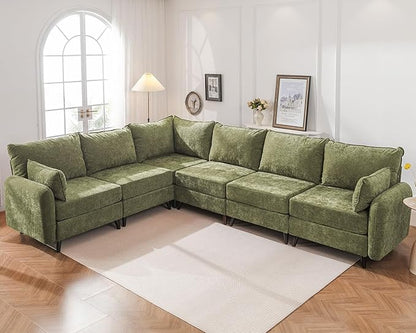 Modular Sectional Sofa with Seats Storage, Oversized L Shaped Couch,6-Seaters Comfy Couches for Living Room,Cloud Couches with Deep Seat,Chenille,Green