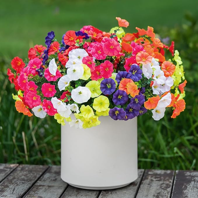 Spring Summer Mix Color Artificial Morning Glory, 12 Bundles Artificial Flowers for Outdoors Decorations UV Resistant Realistic Silk Flowers for Patio Home Decor Garden Planter Window Box Yard