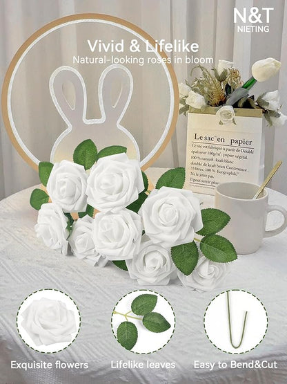 N&T NIETING Artificial Flowers, 25pcs Fake Flowers White Rose Perfect for DIY Wedding Bridesmaid Bridal Bouquets Centerpieces Home Flower Arrangement Decoration