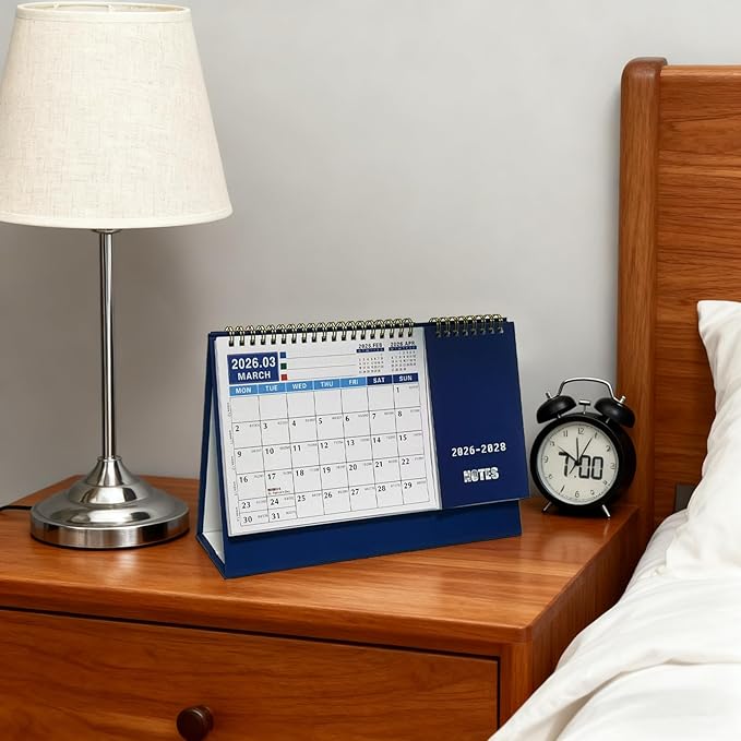 Desk Calendar Jan 2026 - Dec 2028, 10.43" x 7.3" Standing Flip 3-Year Desktop Calendar Monday Start with Memo Pad Golden Wire-Binding, Holiday Markings & 2 Sticker Sheets