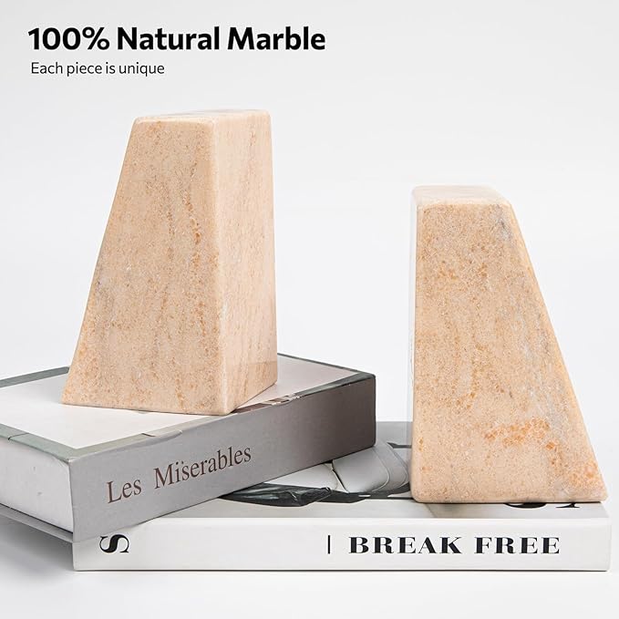 Luxury Marble Bookends for Shelves, 11LB Heavy Duty Marble Book Ends for Heavy Books, Stone Bookends Decorative, Polished, Orange Triangular, Set of 2