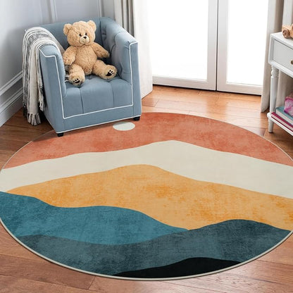 5 ft Abstract Round Rugs for Bedroom, Washable Non-Slip Circle Rug, Soft Colorful Low-Pile Floor Mat, Lightweight Indoor Throw Rugs for Living Room, Kidsroom, Entryway, Dining Room, Foyer