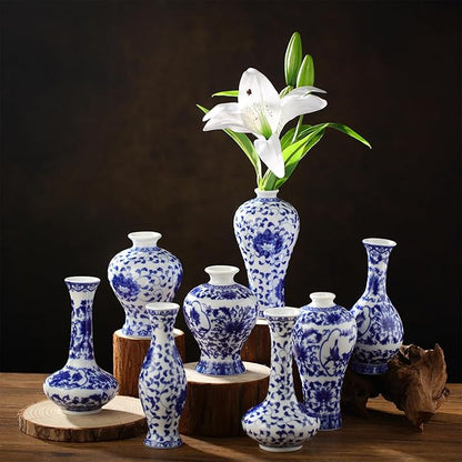Dandat 8 Pcs Mini Chinoiserie Bud Vases Ceramic Blue and White Floral Chinese Porcelain Vase Set for Shelf Table Centerpieces Home Decor(Rustic)