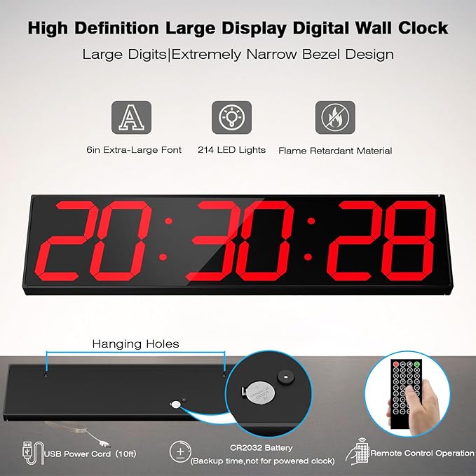 Digital Wall Clock with Large Display, 28.4‘’LED 6-Digit Large Clock with Adjustable Brightness, Multifunction Gym Clock with Countdown,Stopwatch and Workout Interval Timing (Red)
