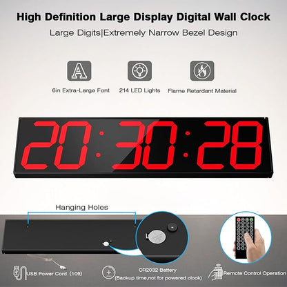 Digital Wall Clock with Large Display, 28.4‘’LED 6-Digit Large Clock with Adjustable Brightness, Multifunction Gym Clock with Countdown,Stopwatch and Workout Interval Timing (Red)