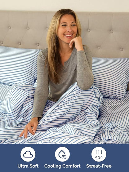 Extra Deep Queen Sheet Set - 6 Piece Breathable and Cooling Sheets - Hotel Luxury Bed Sheets Set - Easy Fit - Soft, Wrinkle Free and Comfy Sheets Set - Blue Striped Sheet Set with Extra Deep Pockets