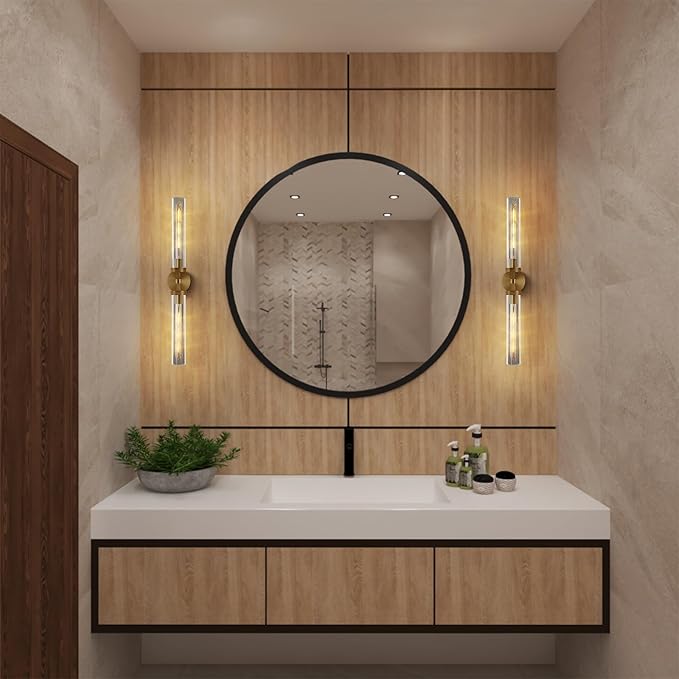 Brass Wall Sconces Set of 2, Bathroom Sconces Wall Lighting, Gold Sconces Wall Lighting with Clear Glass Wall Lamp,Wall Mount Lamps Wall Lights for Vanity Light Bedroom Living Room Hallway