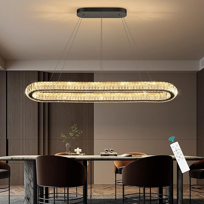 LED Oval Ring Chandelier Crystal Pendant Lighting for Dining Table Kitchen Island Remote Dimmable Hanging Light Chandeliers for Entryway Living Room Lights Black