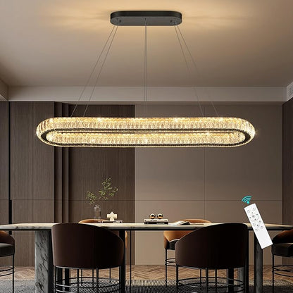 LED Oval Ring Chandelier Crystal Pendant Lighting for Dining Table Kitchen Island Remote Dimmable Hanging Light Chandeliers for Entryway Living Room Lights Black