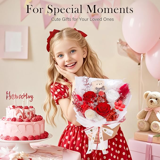 Preserved Flowers Bouquet with Bear, 3 Real Forever Flowers for Delivery, Long-Lasting Red Eteranl Roses Bouquet, Anniversary Birthday Valentine Gifts for Women Mom Her Wife Girlfriend Teenage Girls