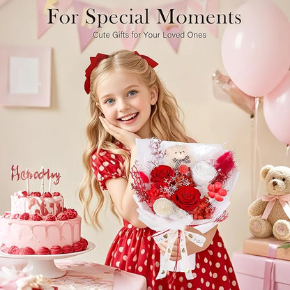 Preserved Flowers Bouquet with Bear, 3 Real Forever Flowers for Delivery, Long-Lasting Red Eteranl Roses Bouquet, Anniversary Birthday Valentine Gifts for Women Mom Her Wife Girlfriend Teenage Girls