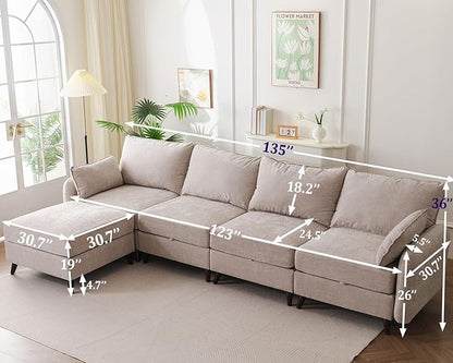135'' Modular Sectional Sofa with Seats Storage, Oversized L Shaped Couch with Deep Seat,4-Seater Comfy Cloud Couches for Living Room,Movable Ottoman,2 Throw Pillow,Chenille,Khaki