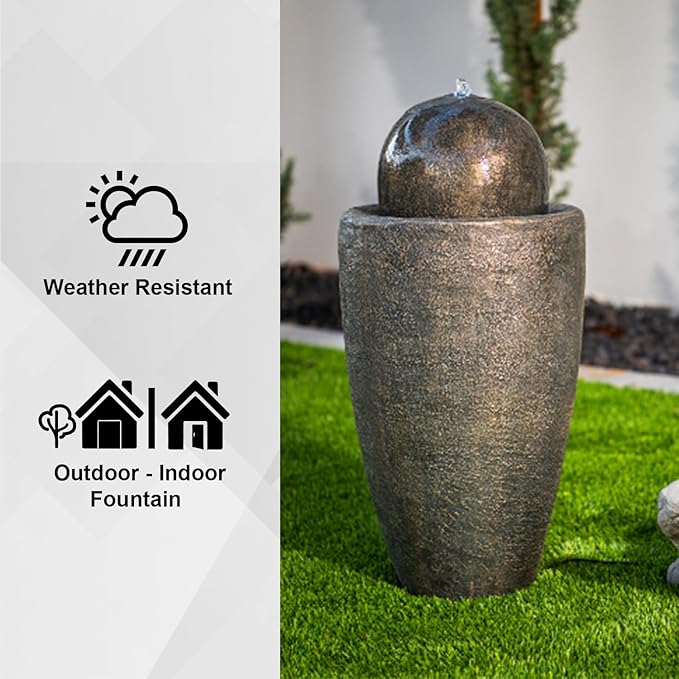 XBrand 26" Modern Sphere Water Fountain with LED Light – Indoor Outdoor Stone Texture Floor Fountain, Zen Bubbling Ball Water Feature for Garden Patio Porch - Bronze