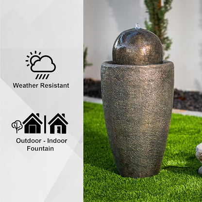 XBrand 26" Modern Sphere Water Fountain with LED Light – Indoor Outdoor Stone Texture Floor Fountain, Zen Bubbling Ball Water Feature for Garden Patio Porch - Bronze