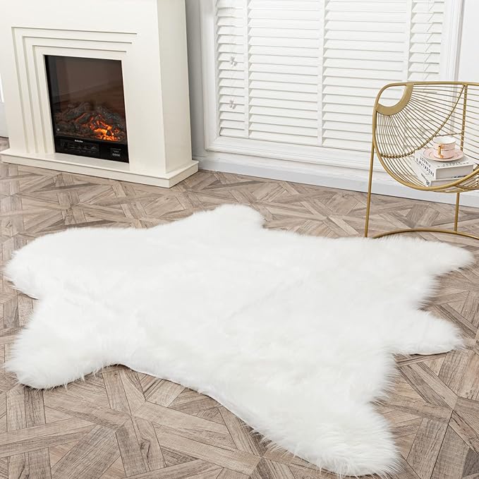 Faux White Bear Rug Faux Cowhide Carpet Animal Print Area Rug Faux Sheepskin Fur Rug Decor for Living Room 5.1x6.1 Feet White