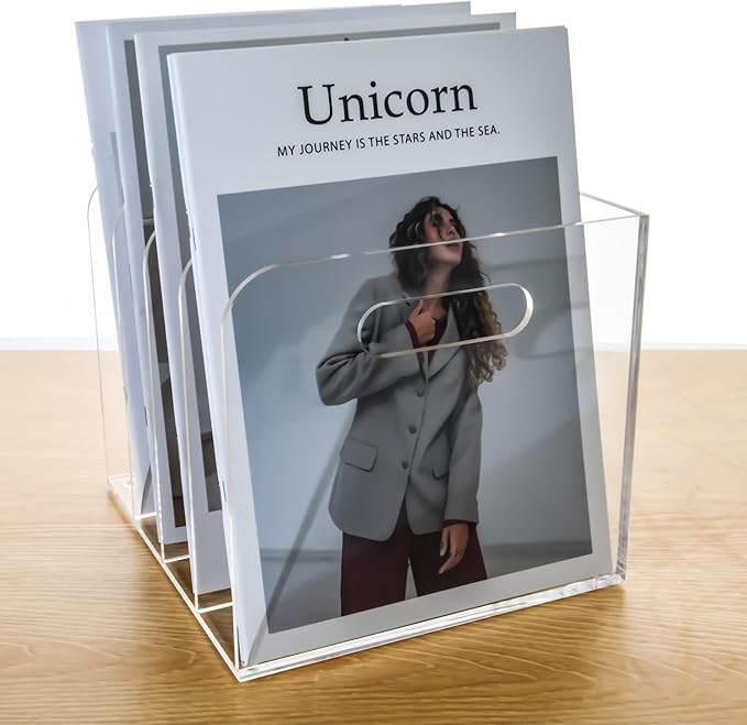 4 Vertical Compartments Clear Acrylic Magazine & File Holder – Multipurpose Desk Organizer for Office, Tablets, Magazines, Books – Documents/Home/Classroom Rack