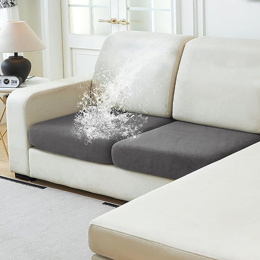 NAISI Waterproof Couch Cushion Covers Thick Velvet Fabric Washable Sofa Slipcovers 2 Pieces Individual Sectional Couch Covers with Elastic Bottom(2 Pcs for 2-Seat or Backrest,Grey)