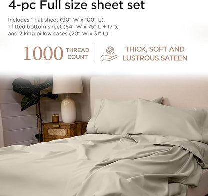 Threadmill Luxury Full Size Sheets for Full Size Mattress, 1000 Thread Count Supima Cotton Sheets for Full Mattress, 5-Star Hotel Quality 4 Piece Bed Sheets with Extra Deep Pocket, Taupe