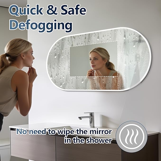 Niccy Oval LED Bathroom Vanity Mirror, 48"x24" Front lit Mirror with Light, Smart Anti-Fog Waterproof Mirror with Memory Function Dimmable Lighted Mirror