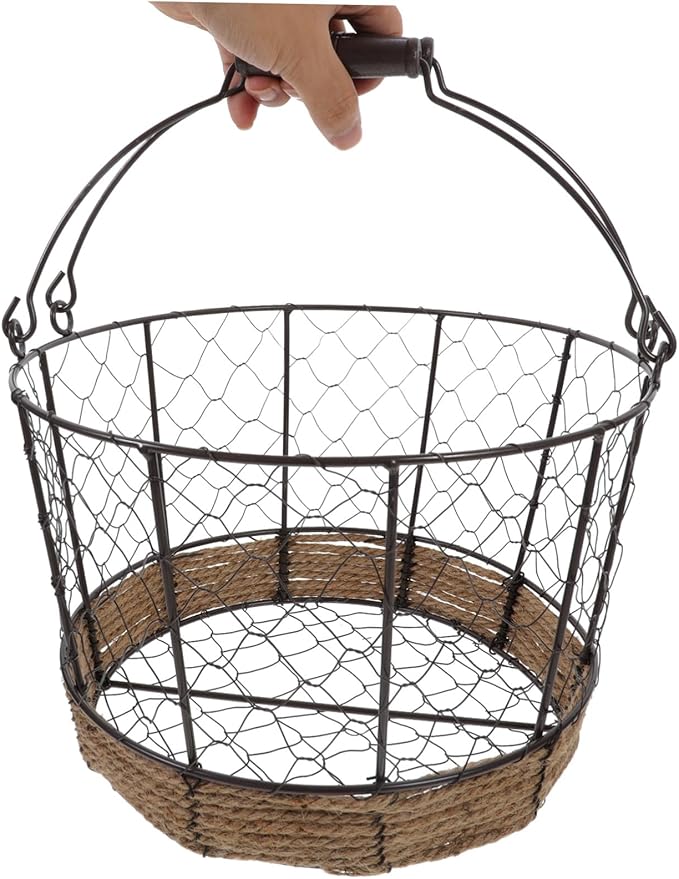 Happyyami Iron Wire Storage Basket with Handle Decorative Round Metal Basket for Home Office and Kitchen Vintage Design for Fruits Vegetables and Sundries 1-Pack