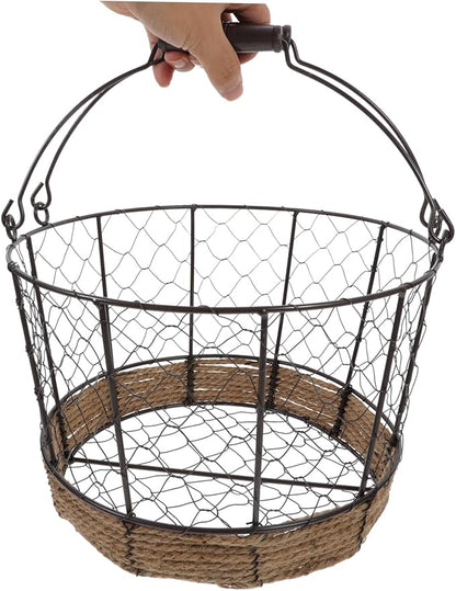 Happyyami Iron Wire Storage Basket with Handle Decorative Round Metal Basket for Home Office and Kitchen Vintage Design for Fruits Vegetables and Sundries 1-Pack