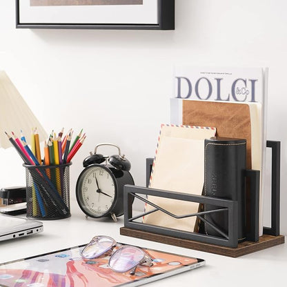 Snughome Desktop Mail Organizer, Desk Mail Organizer with 2-Slot Matte Black Metal Desktop Mail Sorter, Metal Storage File Holder Letter Sorter Organizer for Home or Office, Rustic Brown