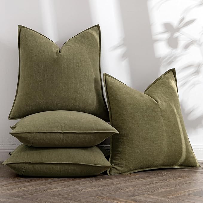 MIULEE Olive Green Linen Pillow Covers Pack of 4 Decorative Natural Solid Throw Pillow Covers Soft Accent Boho Farmhouse Couch Pillowcases Modern Spring Decors for Living Room Bed Sofa 18x18 Inch